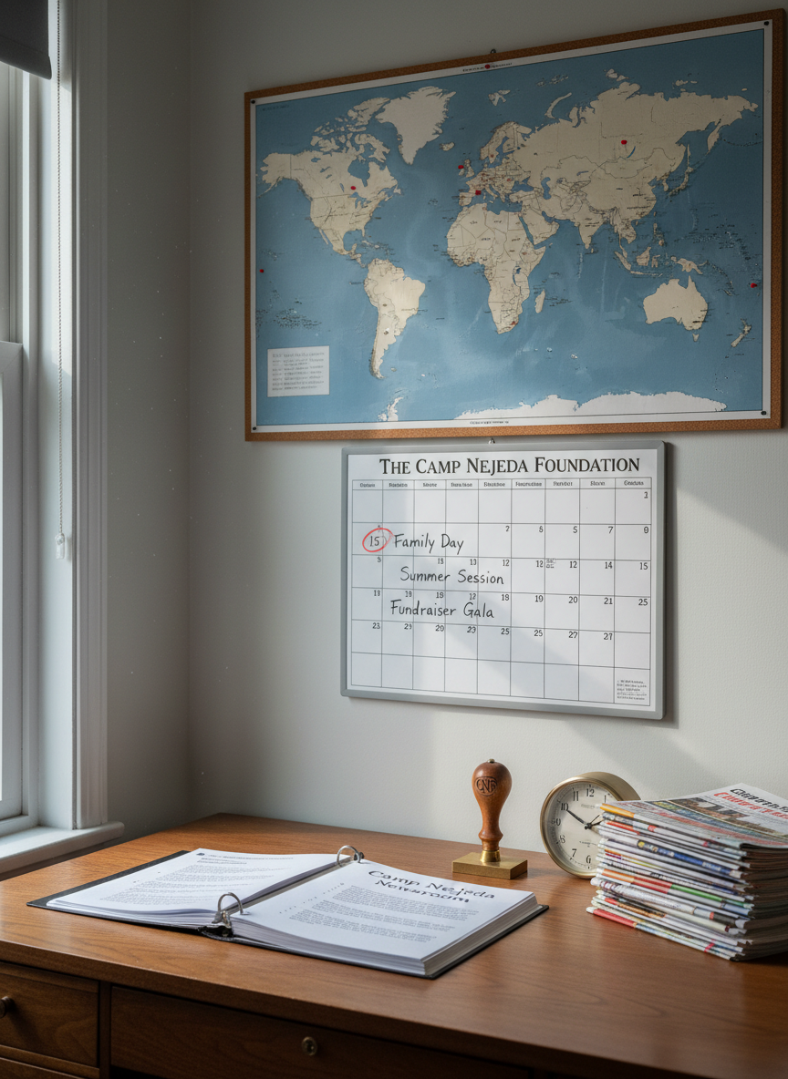 A quiet camp office corner featuring a large cork world map and a wall calendar marked with circled dates for “Family Day,” “Summer Session,” and “Fundraiser Gala” for The Camp Nejeda Foundation. Below, a tidy desk holds a thick, open binder labeled “Camp Nejeda Newsroom” alongside a vintage-style press stamp, an analog clock, and a neatly stacked pile of printed camp newsletters. Cool morning light streams through a nearby window, illuminating dust motes and creating soft, directional shadows. Shot from a three-quarter angle in photographic realism, with balanced composition and clear, sharp focus throughout, the mood is organized, professional, and quietly industrious, emphasizing planning and reliable communication of camp news and resources.