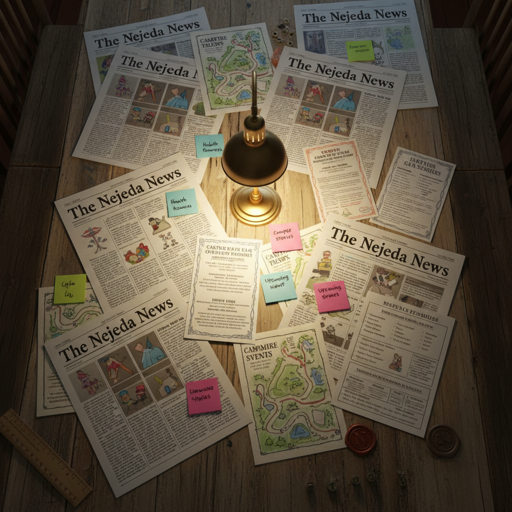 An overhead photographic view of a long wooden dining-hall table transformed into a camp newsroom layout area, scattered with mock newspaper pages for The Nejeda News, hand-drawn maps of camp trails, event flyers, and resource sheets for families. Colored sticky notes label sections like “Health Resources,” “Camper Stories,” and “Upcoming Events.” A vintage brass desk lamp casts a focused, warm pool of light onto the central layout, while the surrounding areas fall into gentle shadow. A ruler, wax sealing stamp, and classic typewriter keys peek in from the edges. The composition is meticulously arranged yet organic, with sharp detail across the frame, creating a calm, purposeful atmosphere of thoughtful planning and storytelling.
